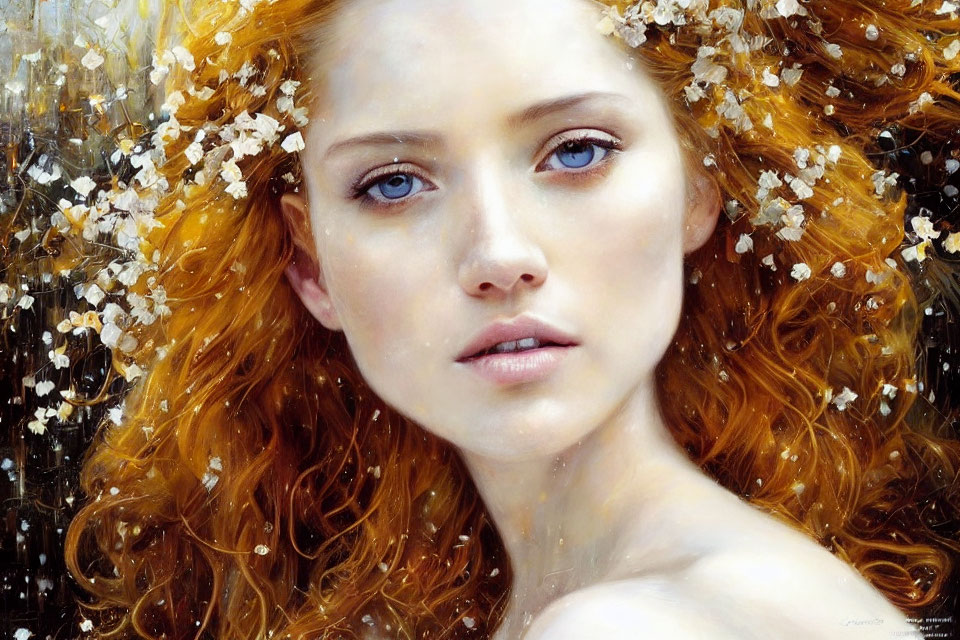 Portrait of Woman with Flowing Red Hair and White Flowers, Intense Gaze, Light Background