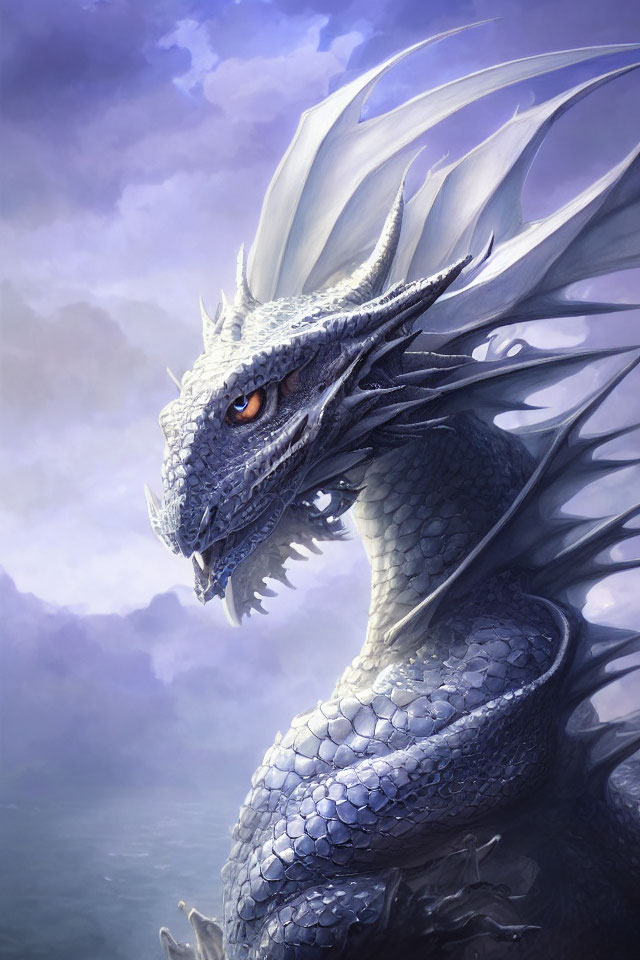 Majestic blue dragon with orange eyes and sharp horns on misty purple backdrop