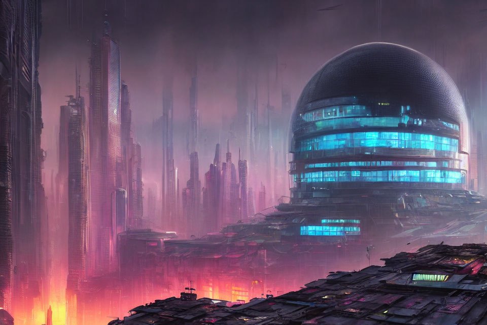 Futuristic cityscape with neon lights and skyscrapers at dusk