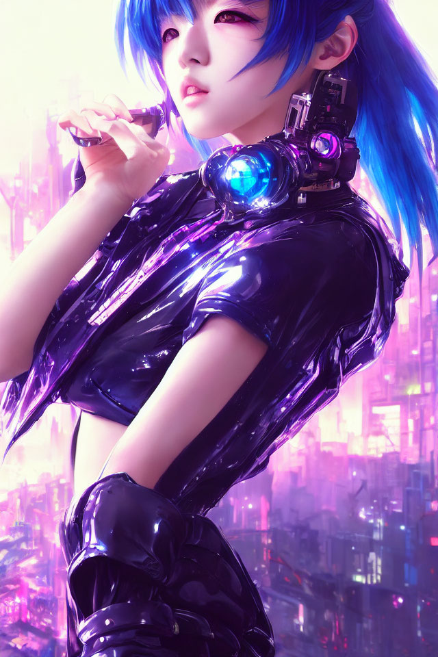 Blue-haired female character with cybernetic enhancements in futuristic cityscape