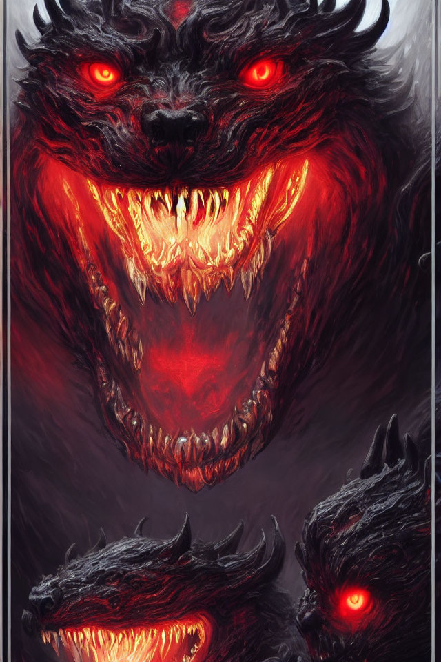 Fiery-eyed beast with glowing red eyes and sharp teeth