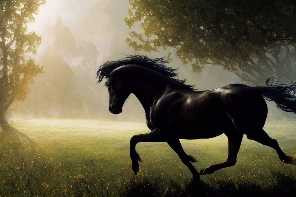 Majestic black horse galloping in sunlit meadow with mist and trees