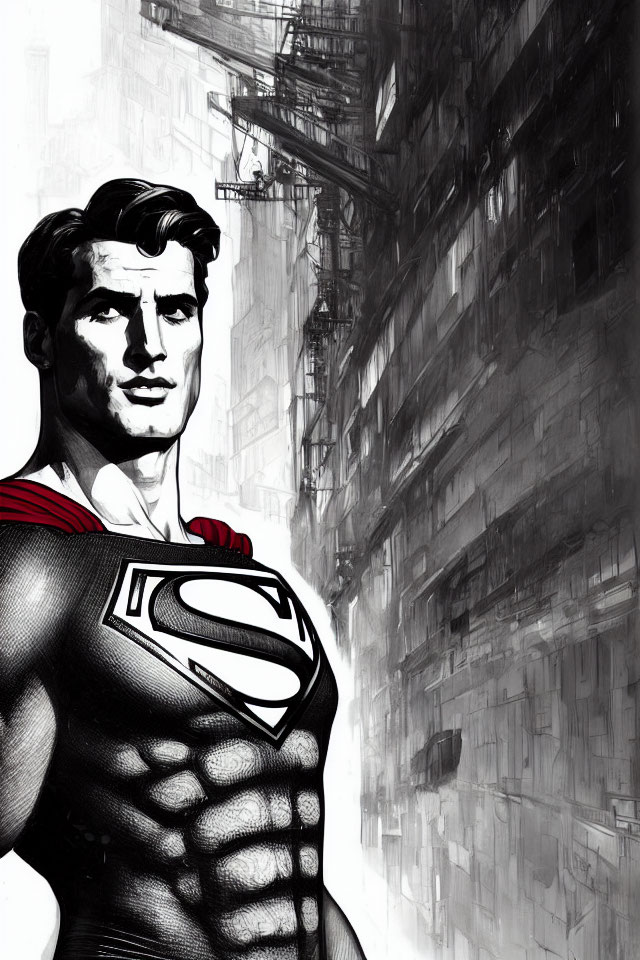 Superman black-and-white illustration with S-shield in cityscape