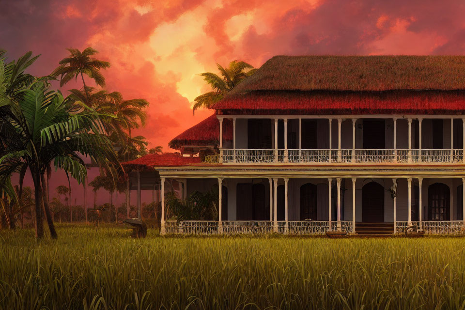 Two-story house with red roof and wooden balcony in tropical setting at sunset