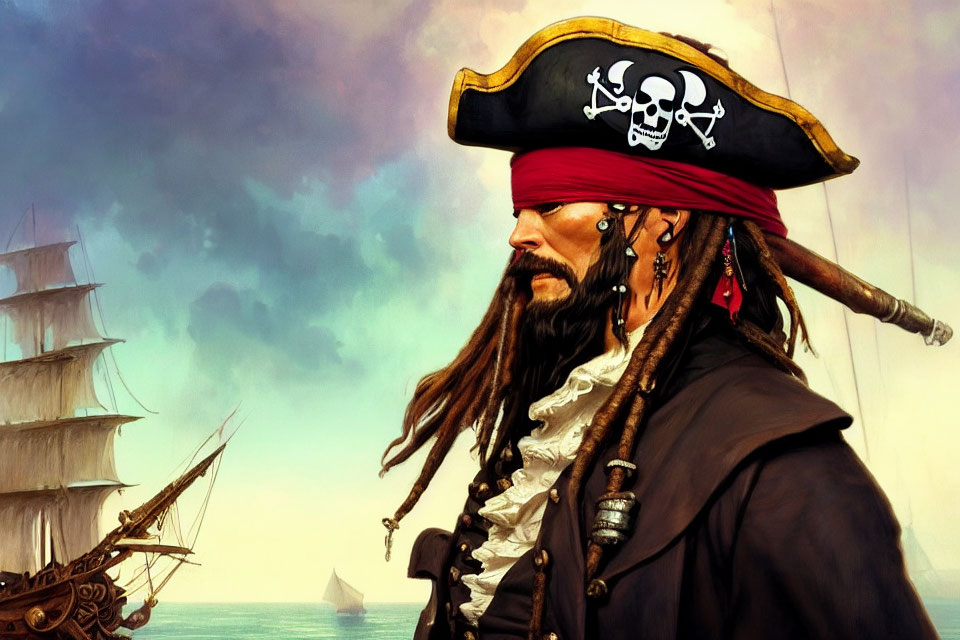 Pirate illustration with black hat, skull design, dreadlocks, ships, cloudy sky
