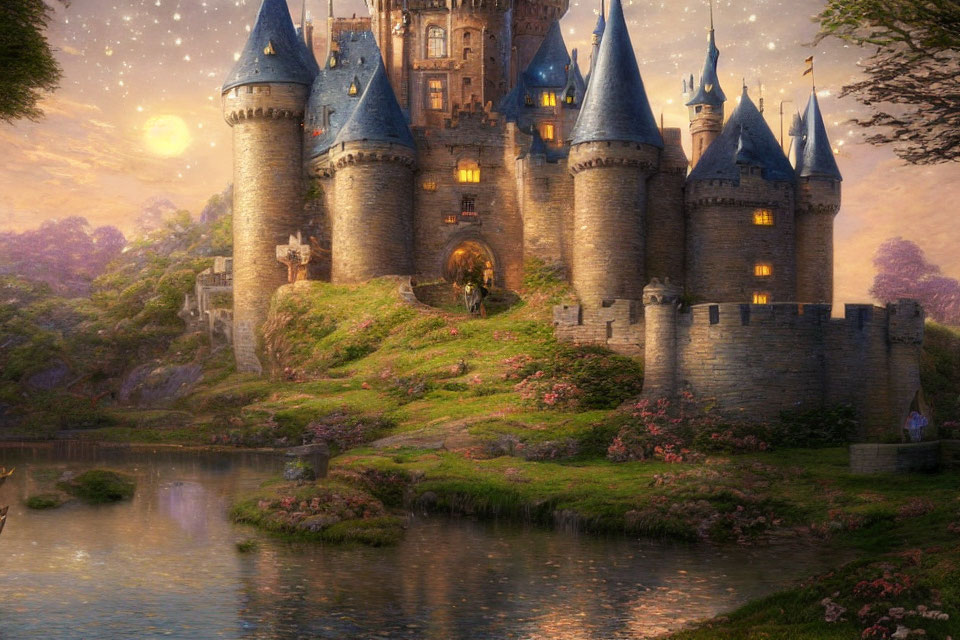 Majestic castle on lush hill with towers, spires, tranquil lake, sunset, stars