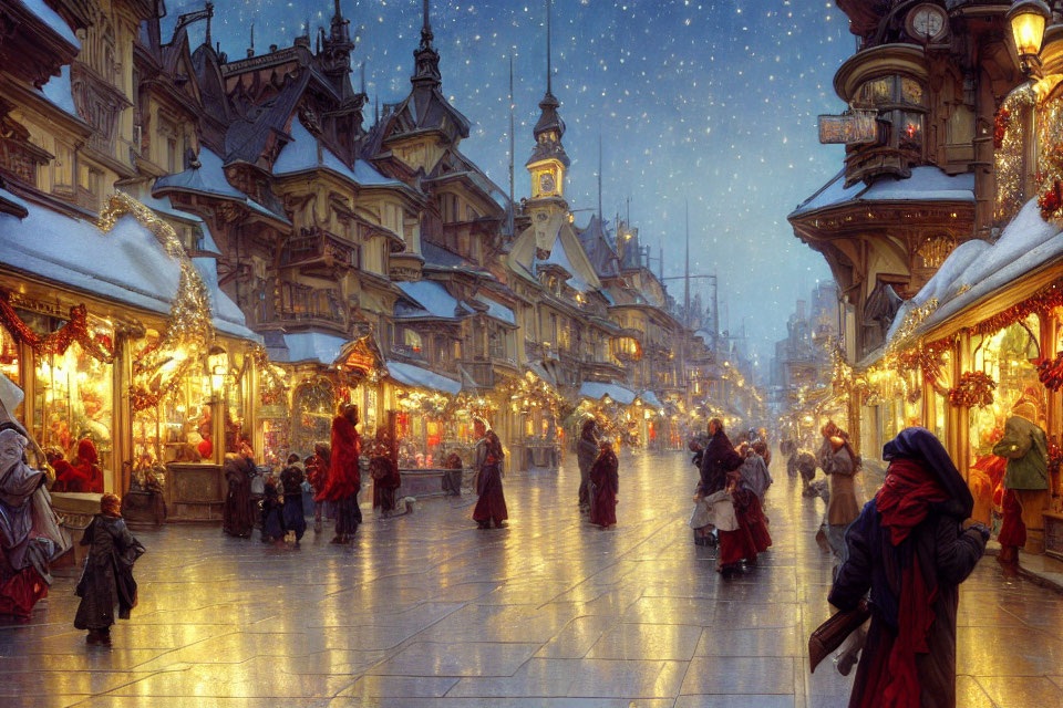 Festive Holiday Market at Dusk with Snowy Ambiance