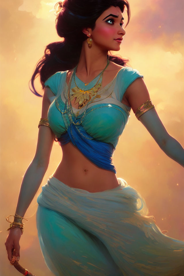 Illustrated princess with dark hair in blue and gold traditional outfit against warm backdrop