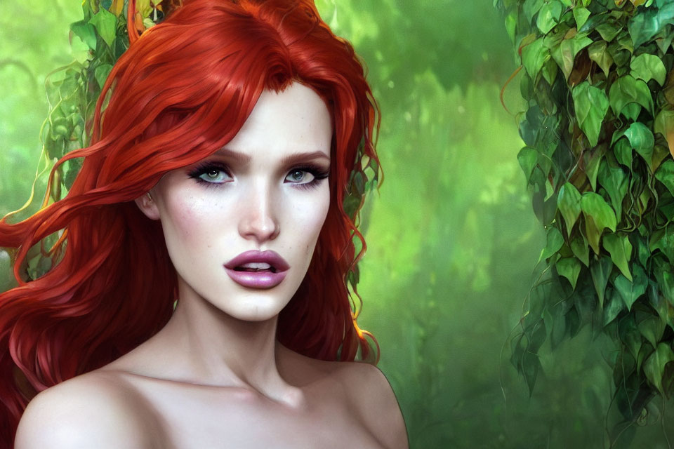 Digital artwork featuring woman with red hair and blue eyes in lush green foliage