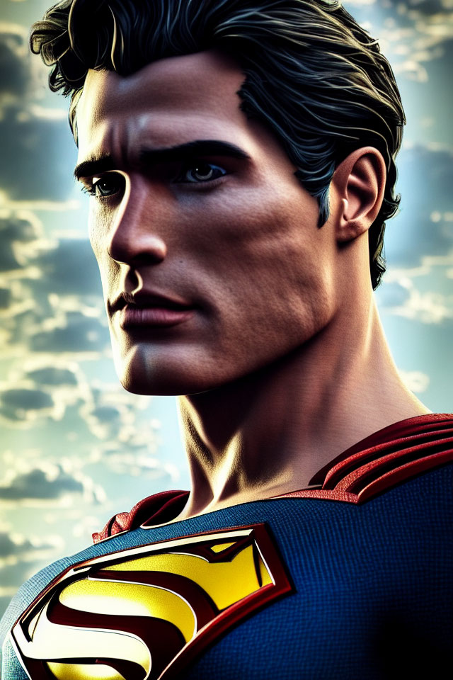 Detailed superhero illustration with red cape and iconic logo on chest, set against dramatic sky.