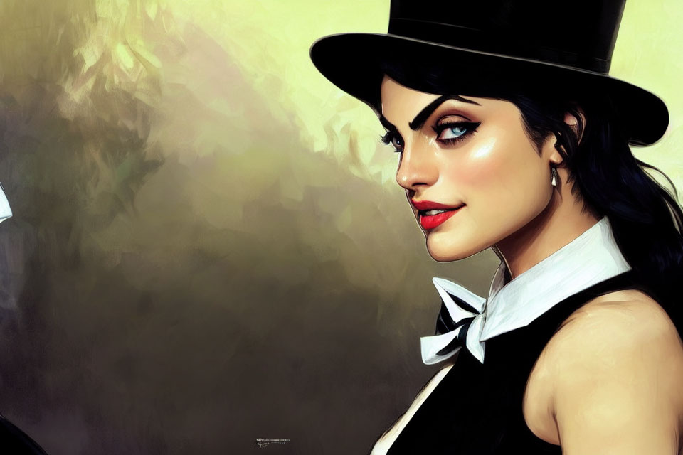 Portrait of woman in top hat with dark hair and blue eyes