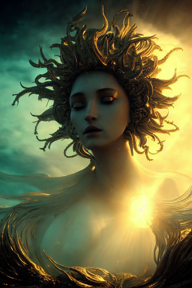 Mystical woman with sun-like crown in golden light