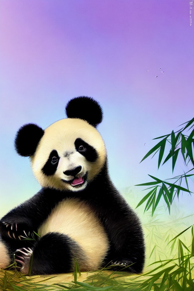 Cheerful panda with bamboo under gradient sky