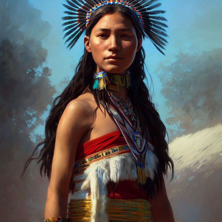 Portrait of young woman in Native American attire against soft background