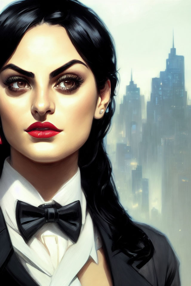 Dark-haired woman in bold makeup, black suit, and bow tie against city skyline