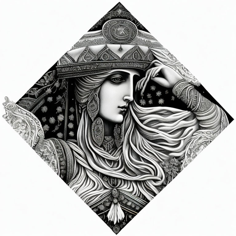 Detailed black and white woman illustration with intricate headgear and ornate hair in diamond shape.