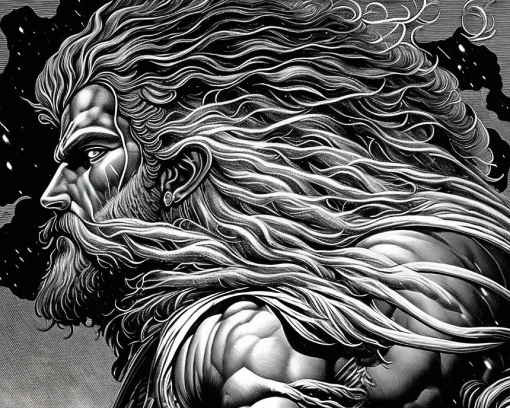 Muscular bearded man with flowing hair in monochromatic illustration