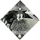 Detailed black and white woman illustration with intricate headgear and ornate hair in diamond shape.
