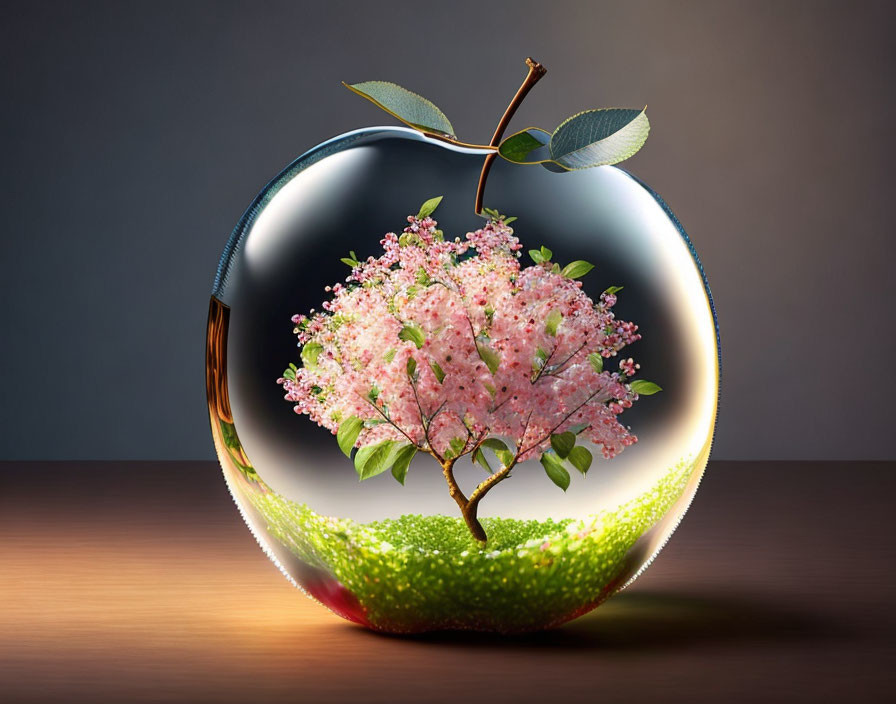 Spherical apple-shaped object with pink flower branch on muted background