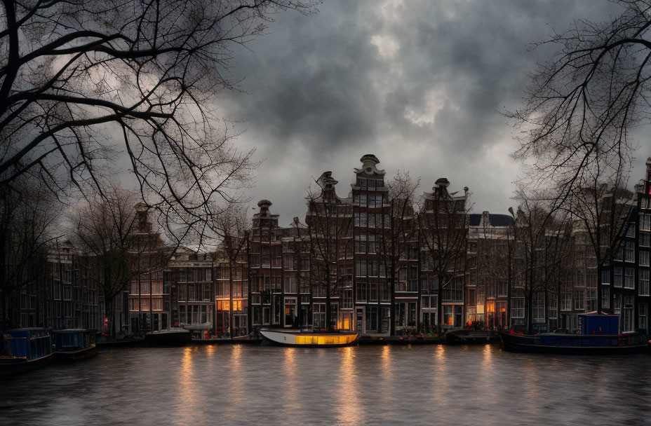 Historic buildings and houseboats under dramatic cloudy sky