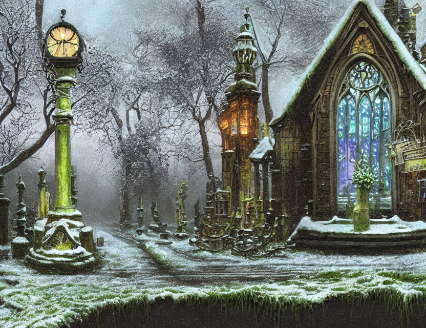 Snowy Gothic Clock Tower and Stained Glass Building Scene