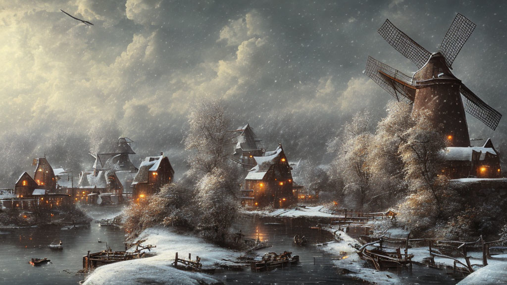 Snowy village with traditional houses, windmill, river, and bird at twilight