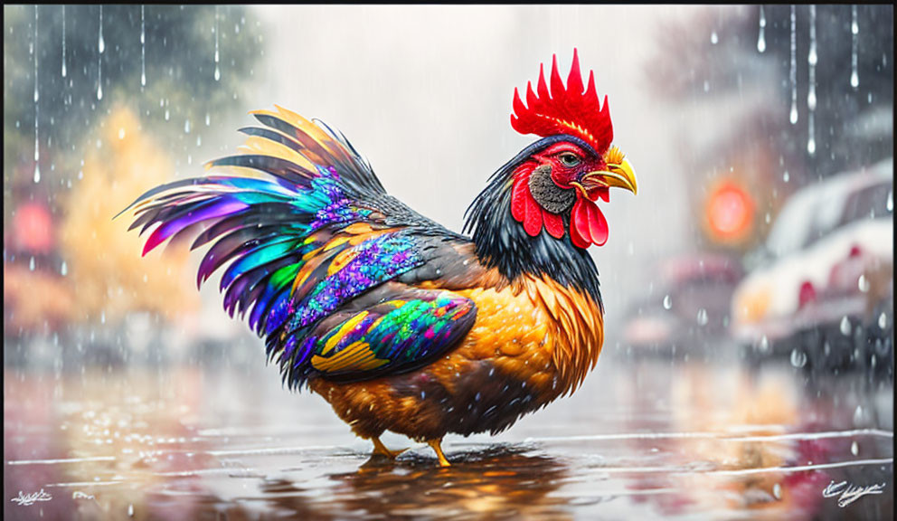 Colorful Rooster in Rainy City Scene