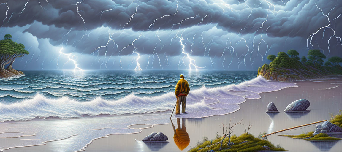 Person in Yellow Jacket Observing Thunderstorm on Beach