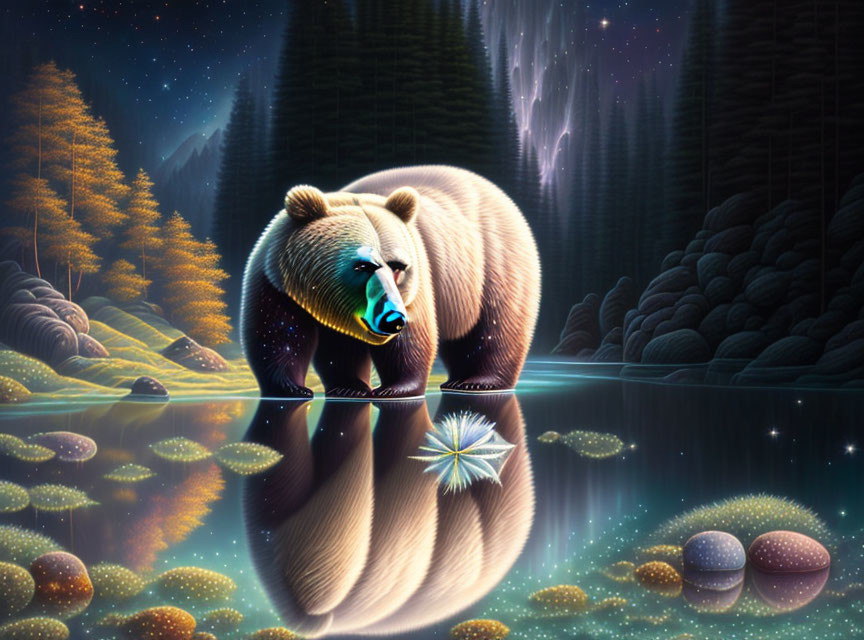 Bear standing by reflective water in mystical forest at night with glowing plants and starry sky.