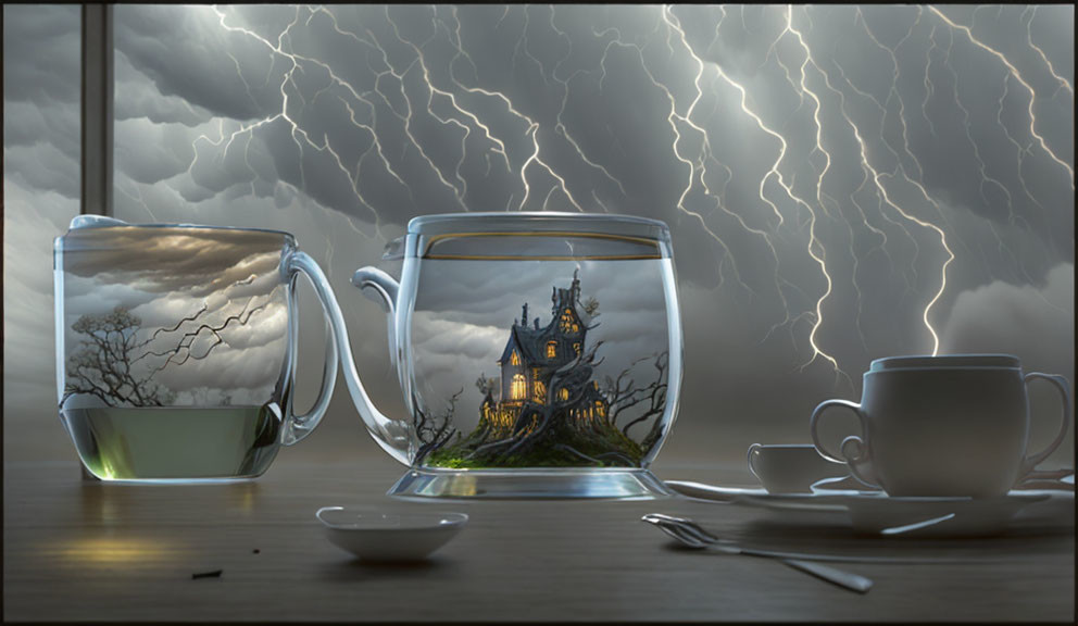 Transparent cups with stormy landscape and haunted house, tea in thunderstorm backdrop.