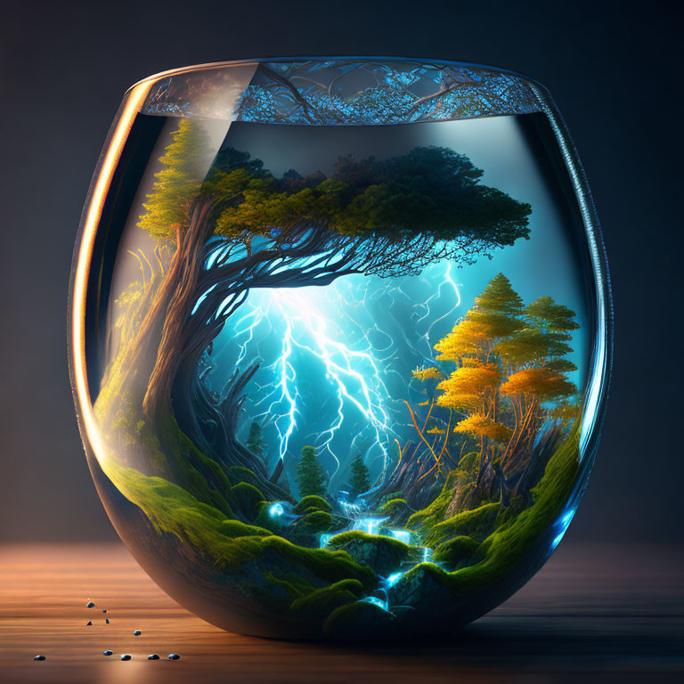Transparent Fishbowl with Miniature Forest Ecosystem and Lightning