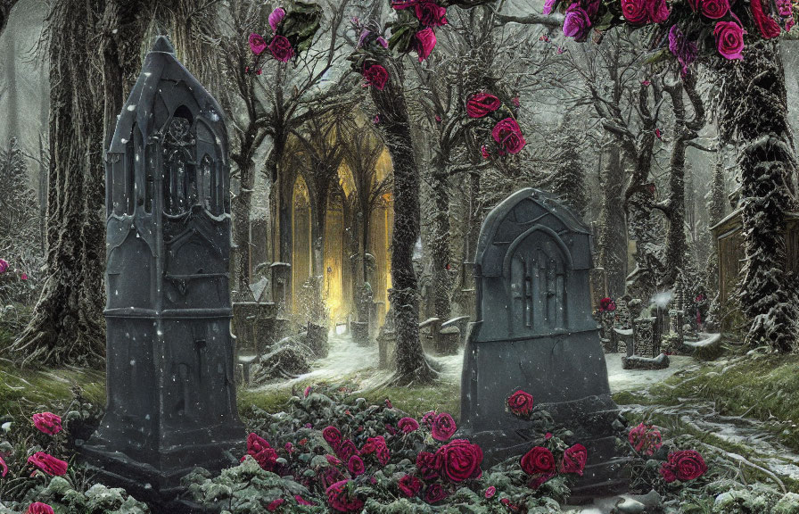 Snowy Gothic cemetery with dark tombstones and red roses under warm light