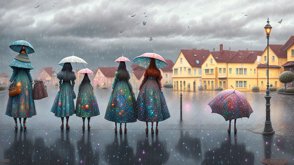 Five People Walking with Colorful Umbrellas on Wet Street