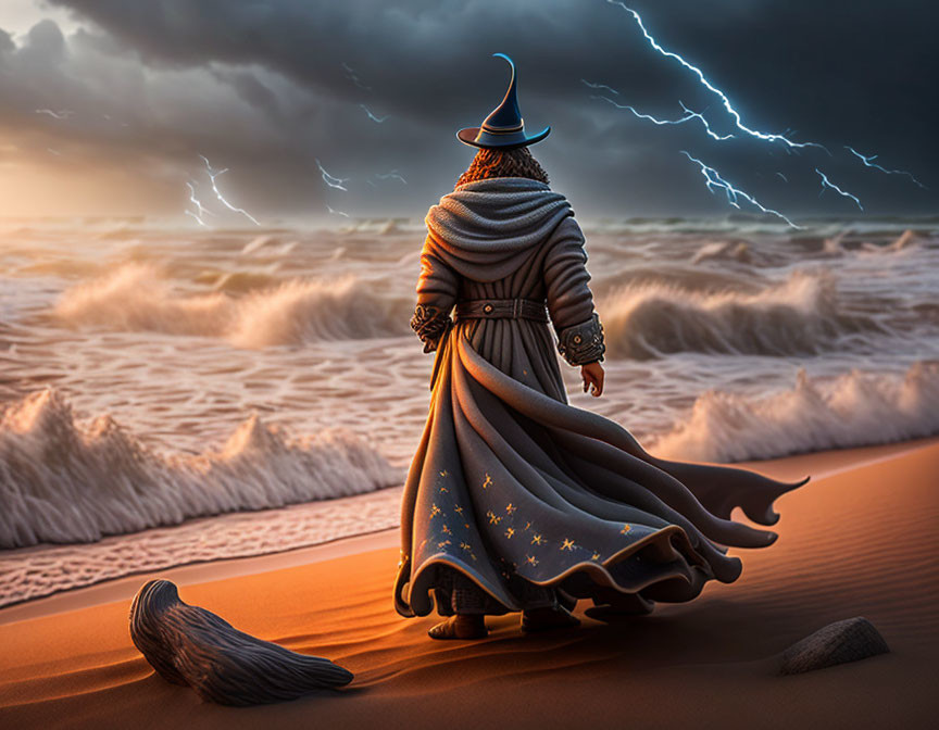 Wizard in desert with magical staff and star-adorned hat, facing stormy seas