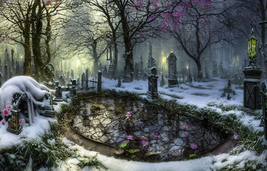 Snowy Cemetery with Pink Flowers, Tombstones, Cobblestone Path, and Fog at Twilight