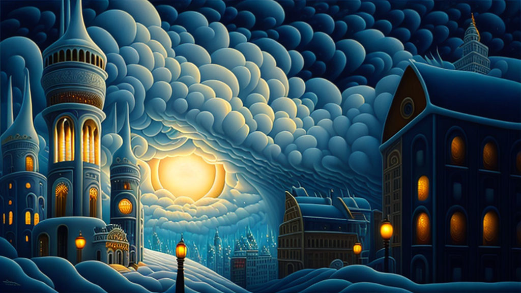 Blue-toned surreal cityscape with illuminated buildings under dense cloud canopy.