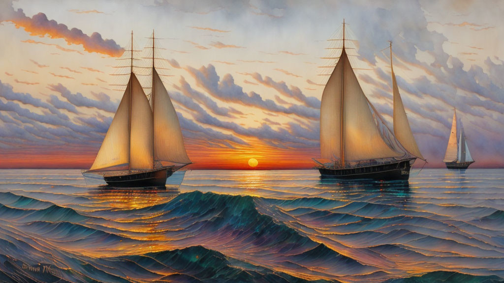Sailing ships on wavy sea at sunset with orange and blue clouds