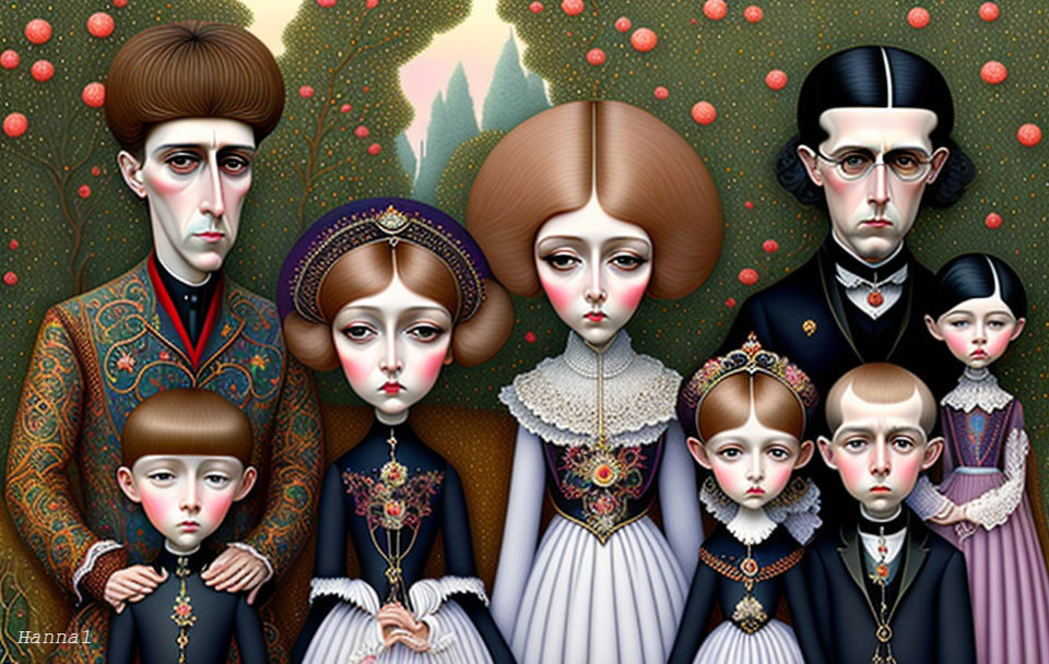 Victorian family portrait with oversized eyes in surreal setting