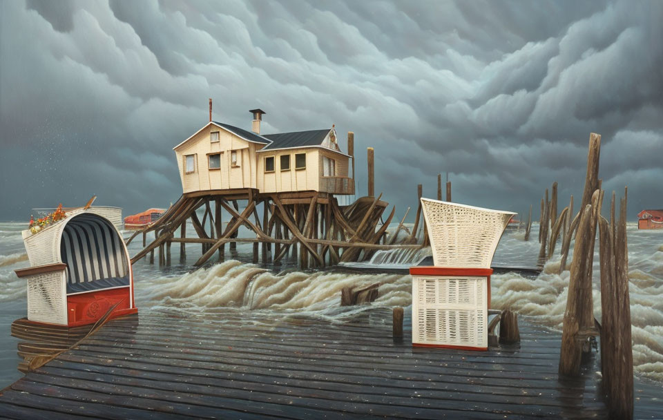 Stilt house on stormy sea with beach chairs and jetty