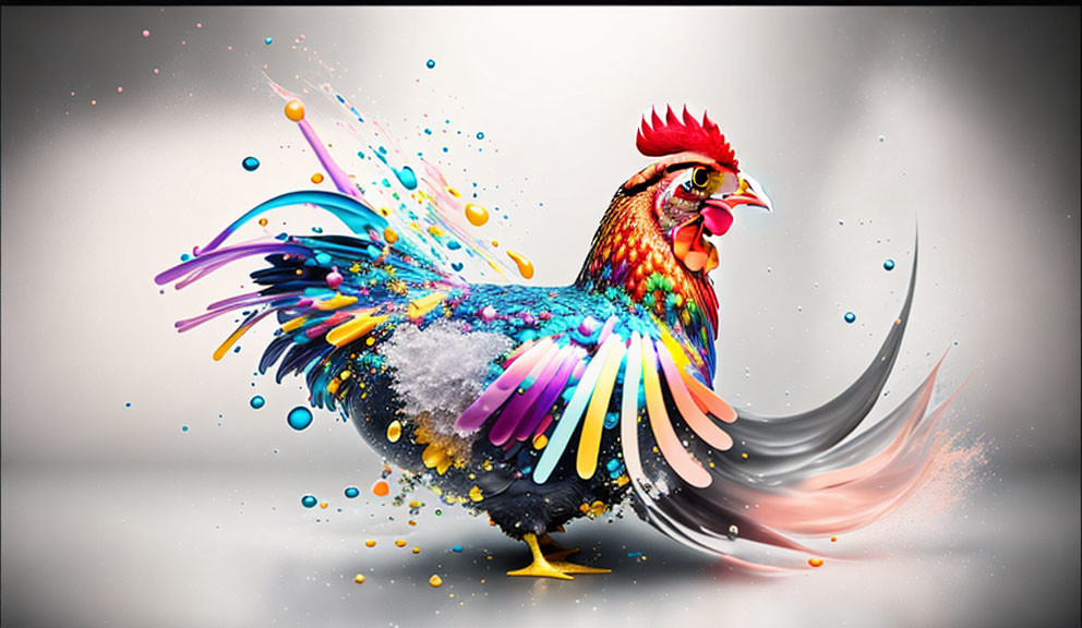 Colorful Rooster Artwork with Abstract Paint Splatters and Swirls