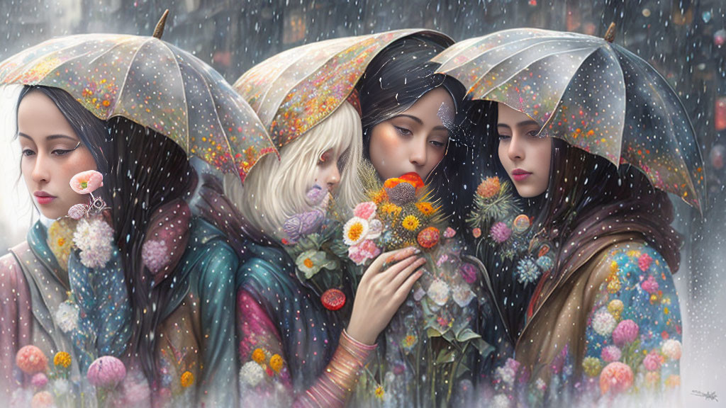 Four Women with Colorful Umbrellas in Snow, One Smelling Flowers