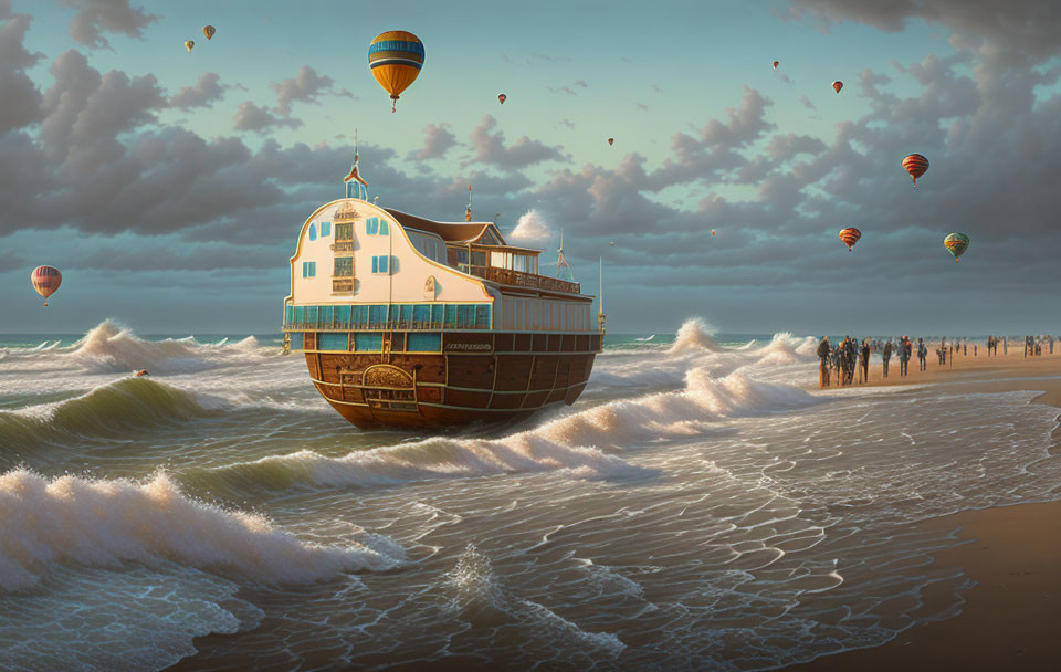 Whimsical beach scene with house-shaped boat, people, and hot air balloons