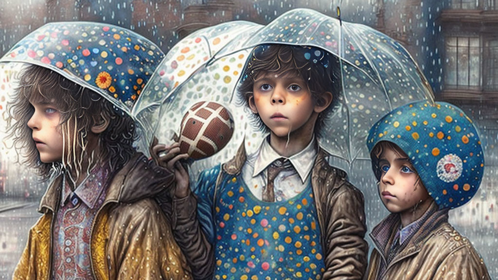 Illustrated children in raincoats under umbrellas on a rainy day