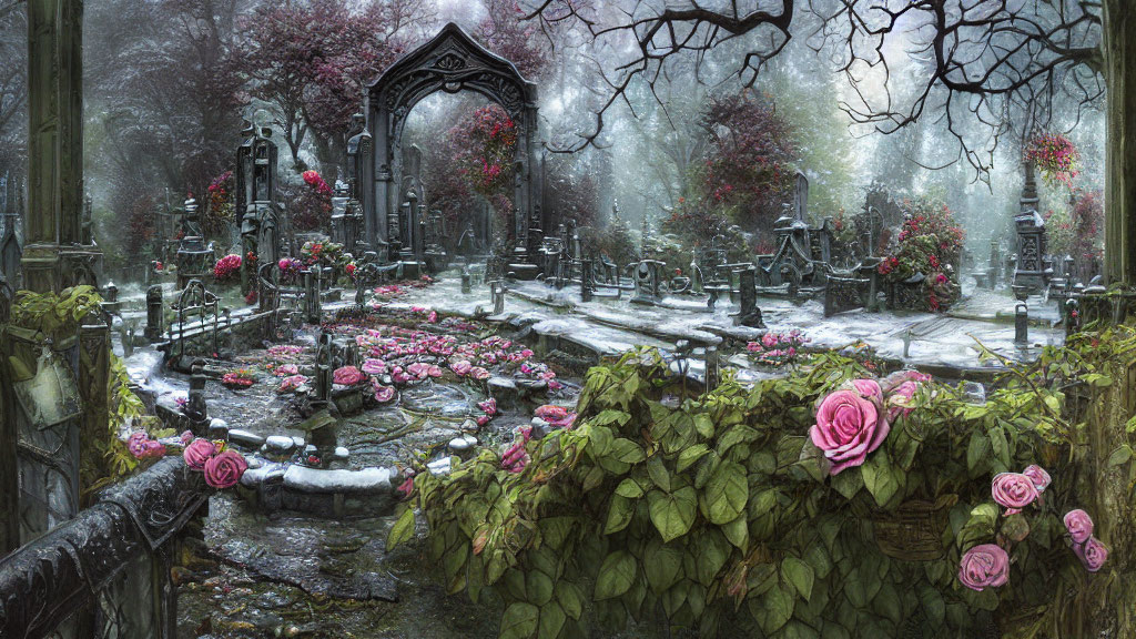 Serene cemetery scene with stone graves, archway, pink roses, ivy, mist, and