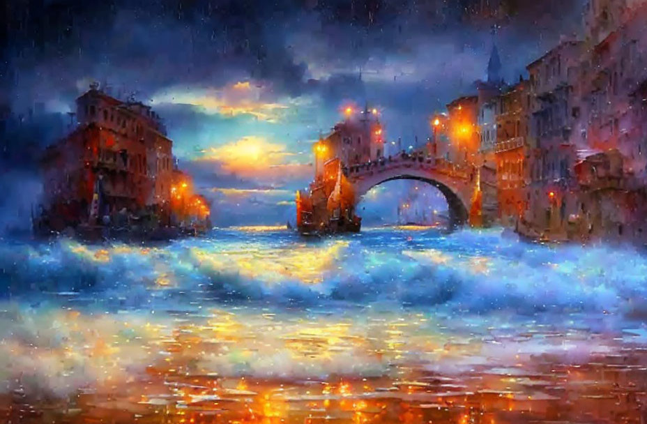 Venice Canal Sunset Painting with Bridge and Colorful Reflections