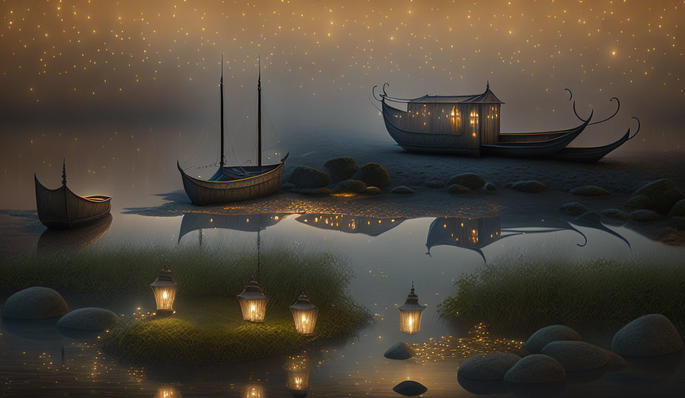 Night scene: Glowing lanterns on anchored boats in calm water with rocks and grass