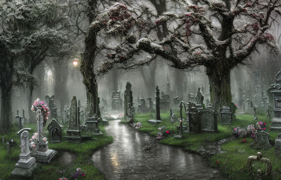 Foggy cemetery with blooming trees and weathered tombstones