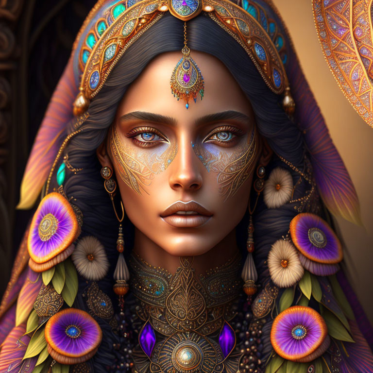 Woman with ornate jewelry, blue eyes, face tattoos, colorful floral motif