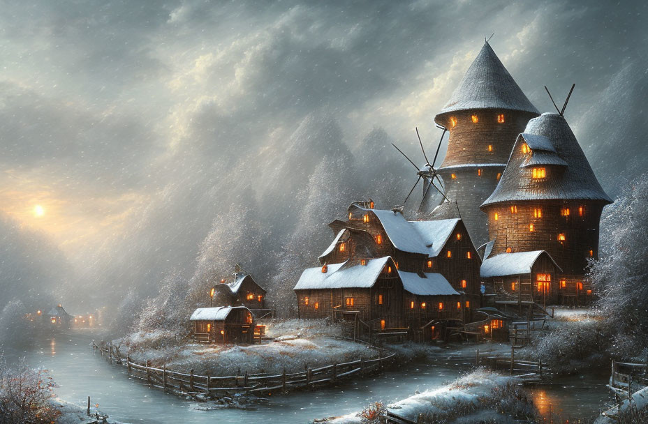 Traditional winter village with windmills and wooden houses in snowfall