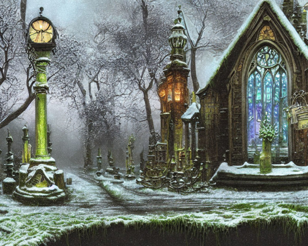 Snowy Gothic Clock Tower and Stained Glass Building Scene